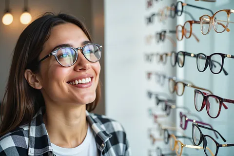 optician points at glasses display